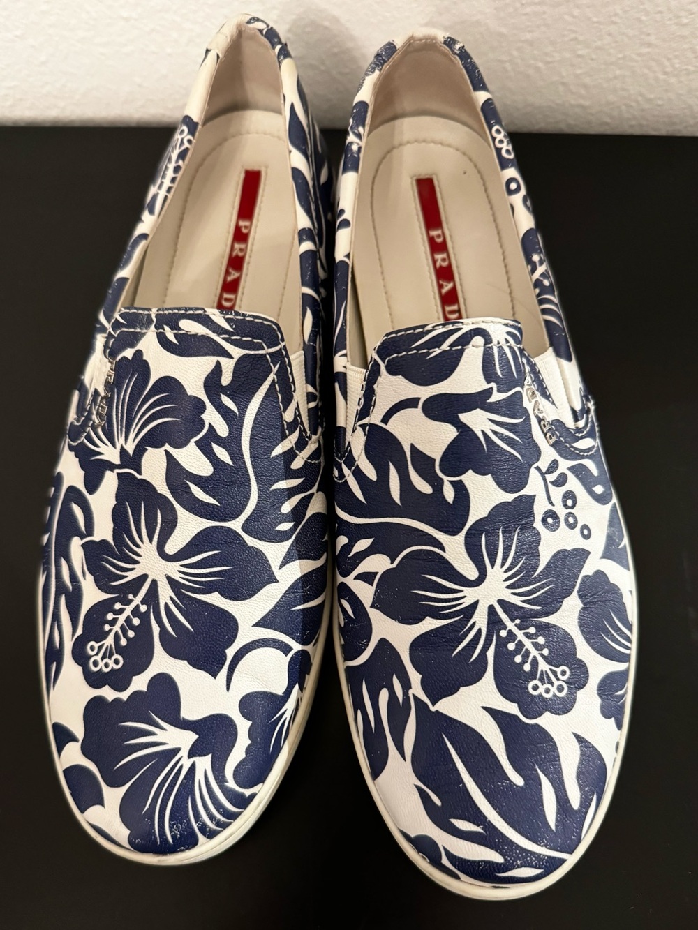 Prada White & Navy Hibiscus Leather Slip-On Sneakers